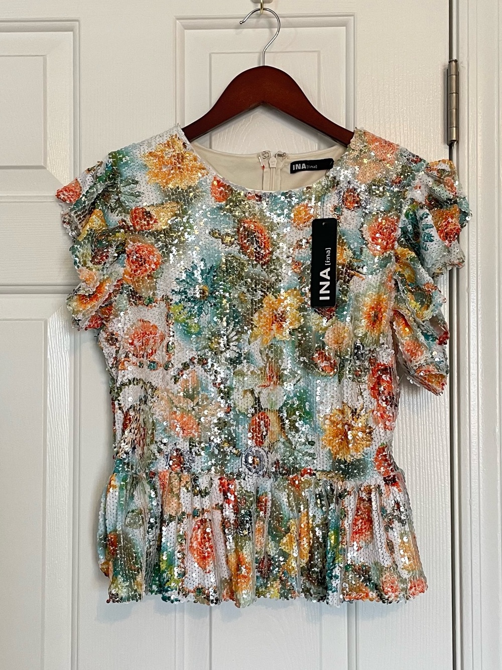 Ina Floral Sequin Peplum Top in White, Yellow, Orange, Green, Size Small